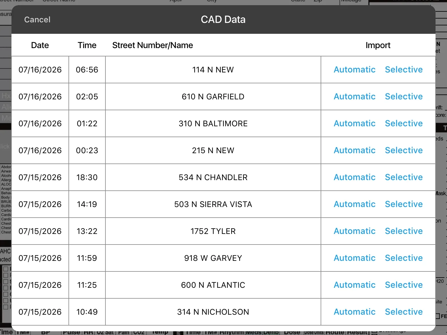Medic Clipboard CAD Data window over an open chart, listing ten recent incidents by date, time and street address, each with Automatic and Selective import options