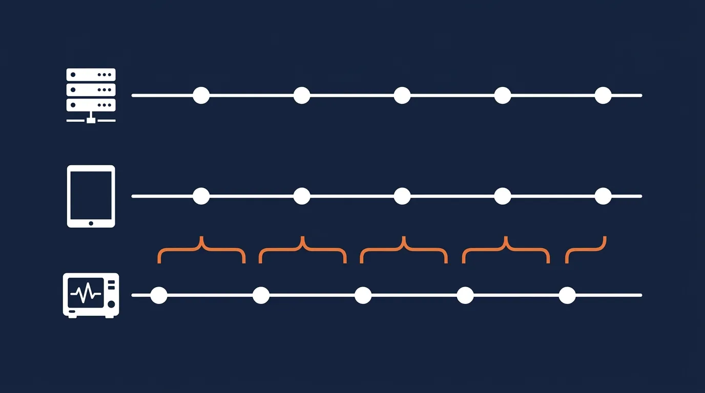 Diagram of three parallel timelines marked by server, tablet and cardiac monitor icons; the server and tablet event markers line up, while the monitor markers sit offset, with orange brackets showing the gaps
