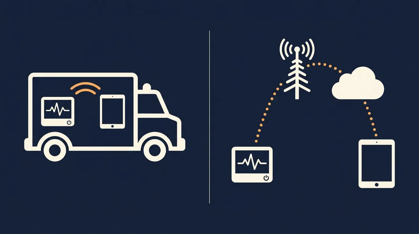 Diagram comparing a direct wireless link between a monitor and tablet inside an ambulance with a route that relays data from the monitor through a cell tower and the cloud to the tablet