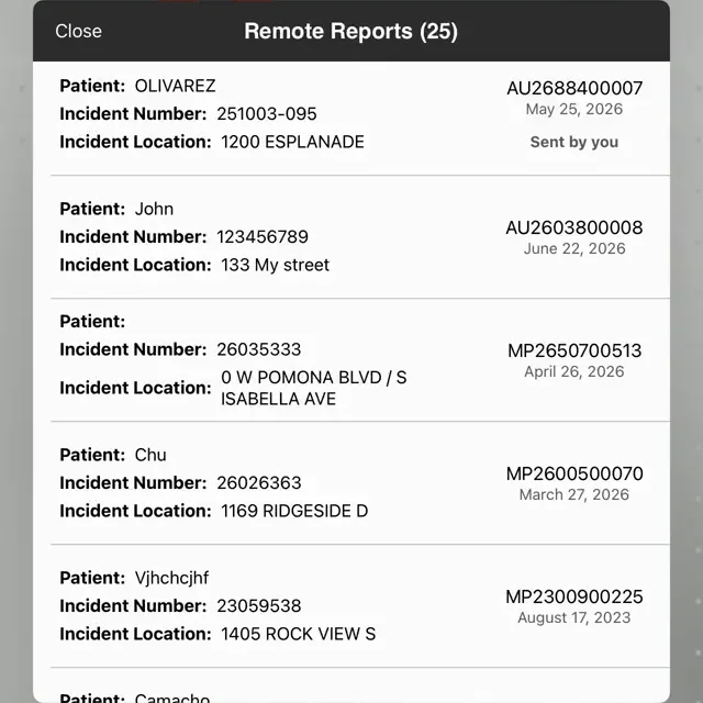 Mobile Medic Remote Reports list on iPad showing sent charts with patient name, incident number, incident location, report number and date, one marked Sent by you