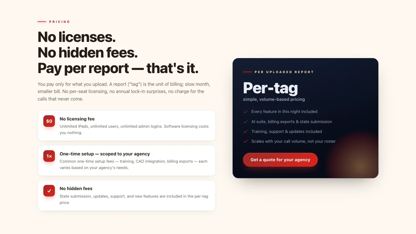 Mobile Medic website pricing section: no licensing fee for unlimited iPads and users, a one-time setup scoped to the agency, no hidden fees, and a card describing per-tag pricing per uploaded report
