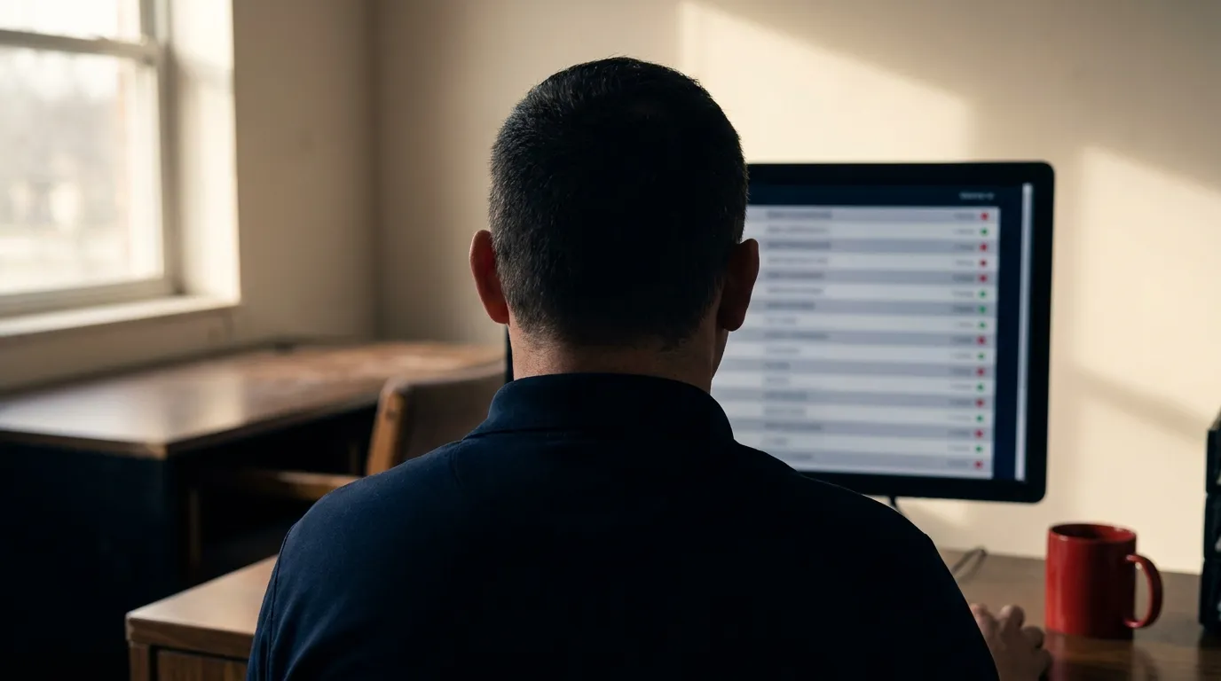 EMS supervisor seen from behind at an office desk reviewing a monitor list of test reports marked with red and green status dots, a red mug beside the keyboard
