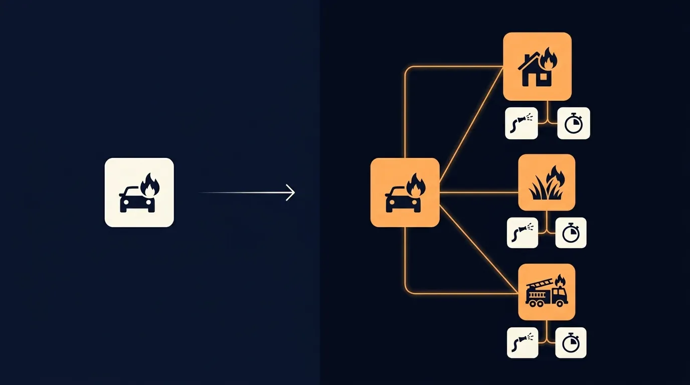 Diagram: a single car-fire icon on the left, and on the right the same car fire branching into linked house fire, grass fire, and fire engine nodes, each with hose and stopwatch actions