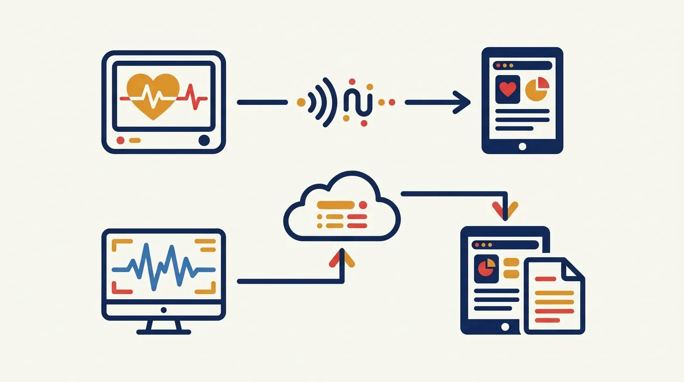 Diagram of two paths: on top, a monitor sends data wirelessly straight to a tablet; below, a second monitor sends data up to a cloud, which passes it down to a tablet and a document