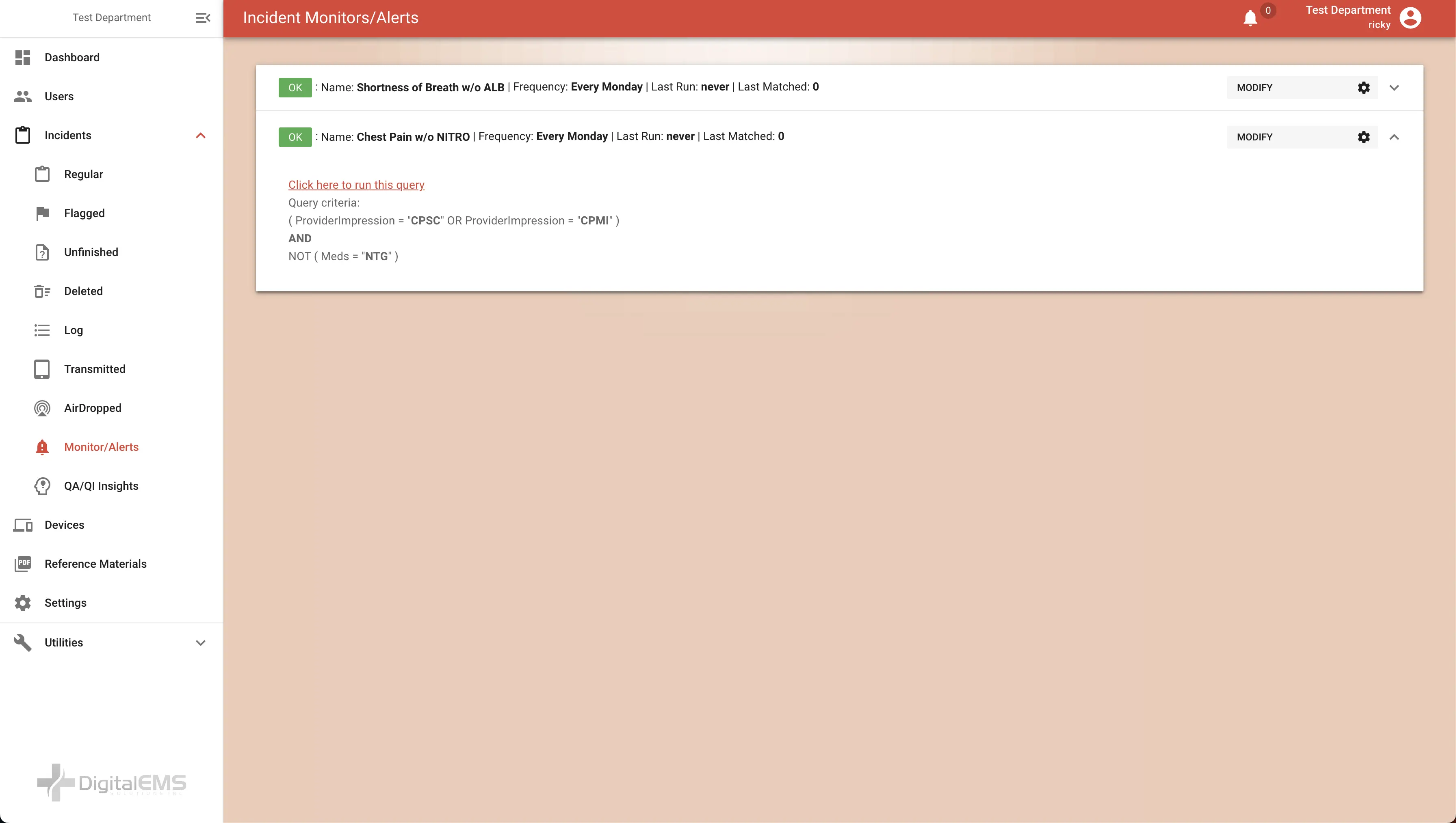 Monitors and alerts for saved search criteria