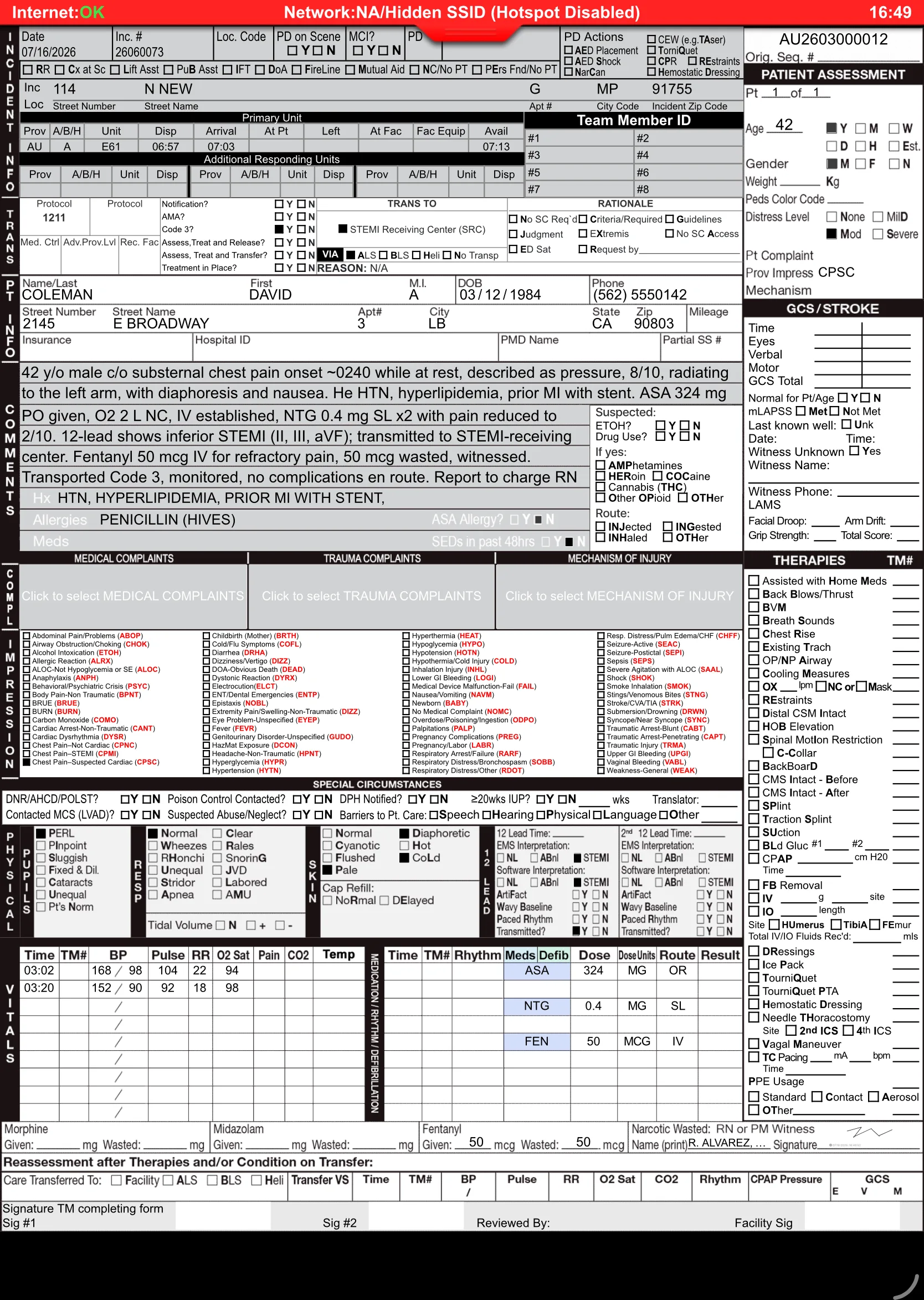 Main screens of the Medic Clipboard ePCR — fully populated chart for David Coleman, 42, chest pain
