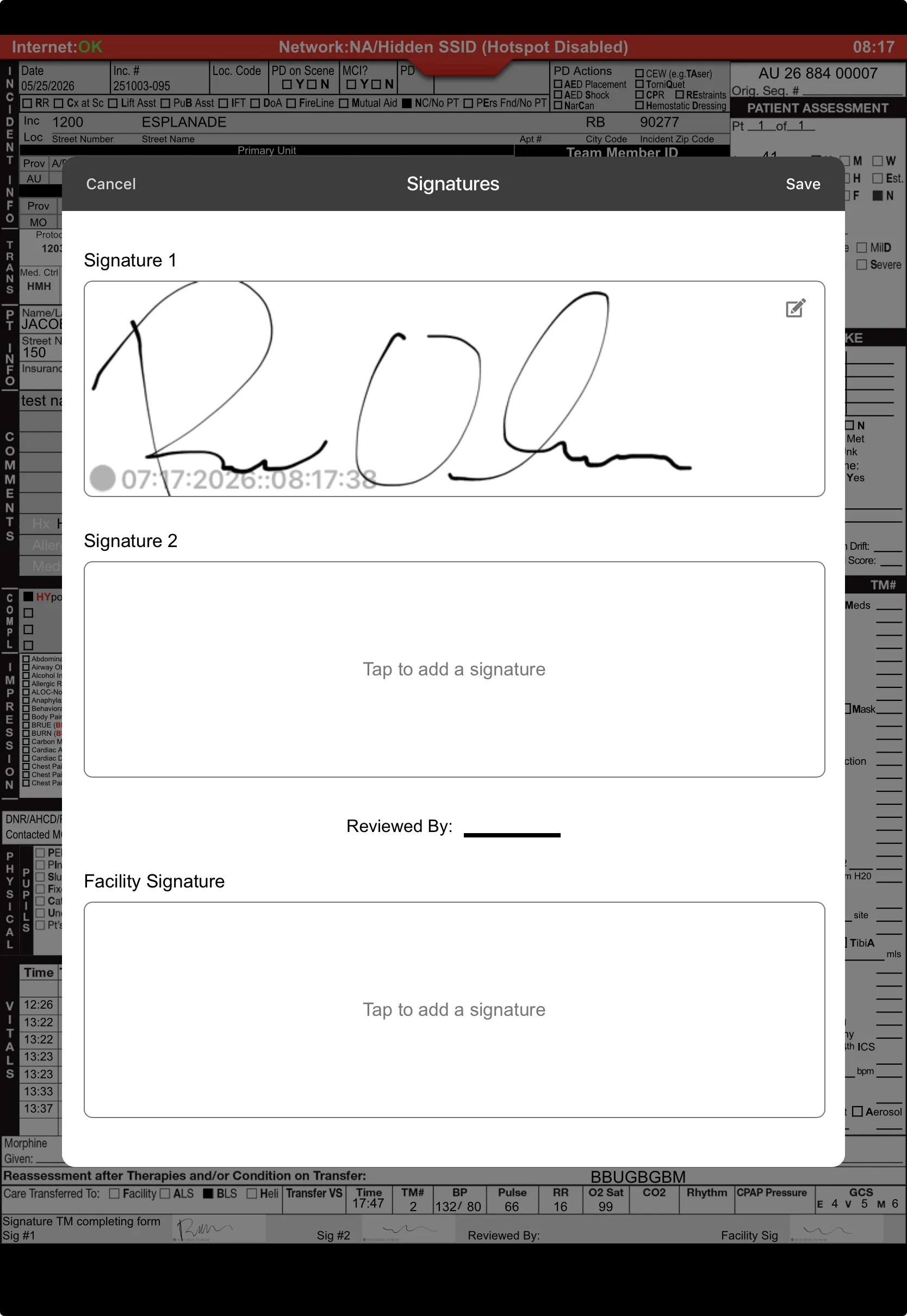 Signatures popup in Medic Clipboard